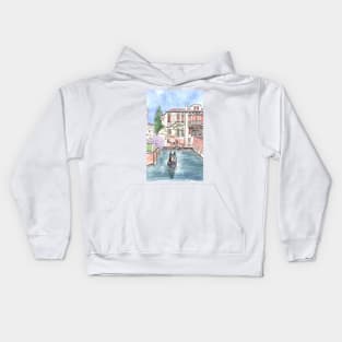 "Gondola in Venice" Watercolor and ink Illustration Kids Hoodie